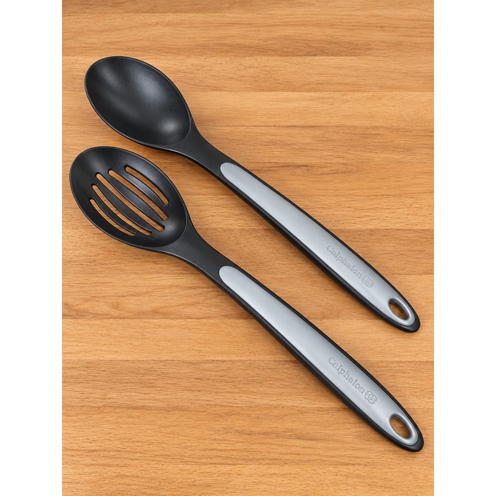 Calphalon 14" Serving Spoon & Slotted Spoon Set of 2 Black Gray Kitchen Utensils